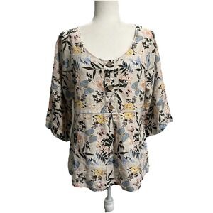 Laura Bianchi Medium 100% Linen Butterfly Floral Blouse Kimono Sleeve Italy BOHO